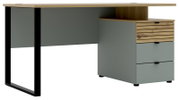 Moderner Schreibtisch mit Holzplatte und Metallbeinen, seitliche Schubladen, Perspektive von vorne rechts
