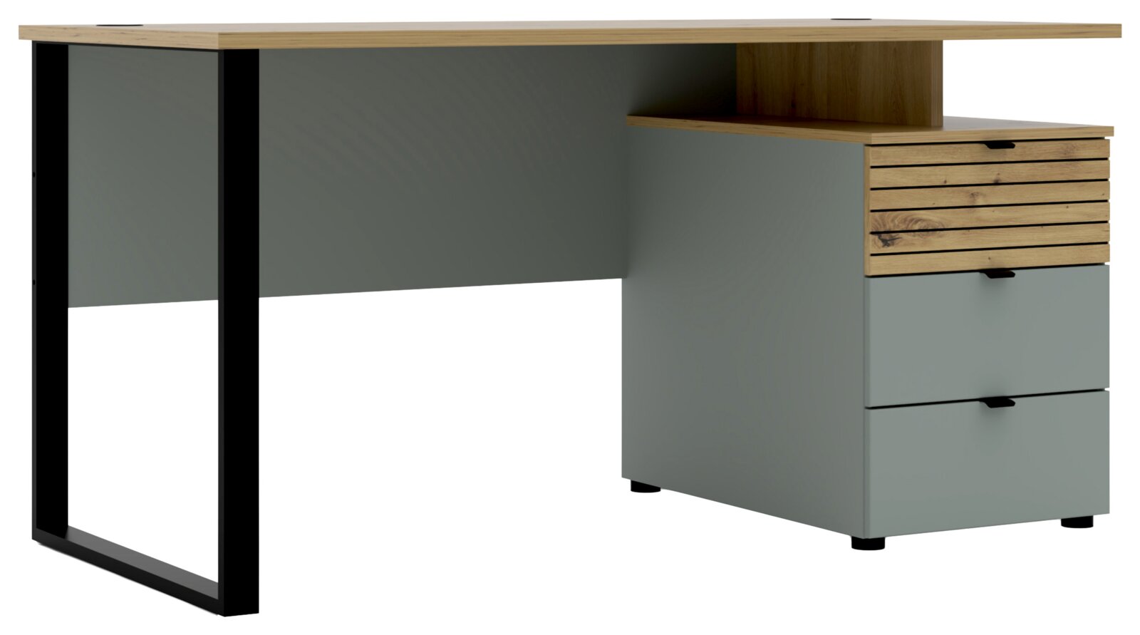 Moderner Schreibtisch mit Holzplatte und Metallbeinen, seitliche Schubladen, Perspektive von vorne rechts