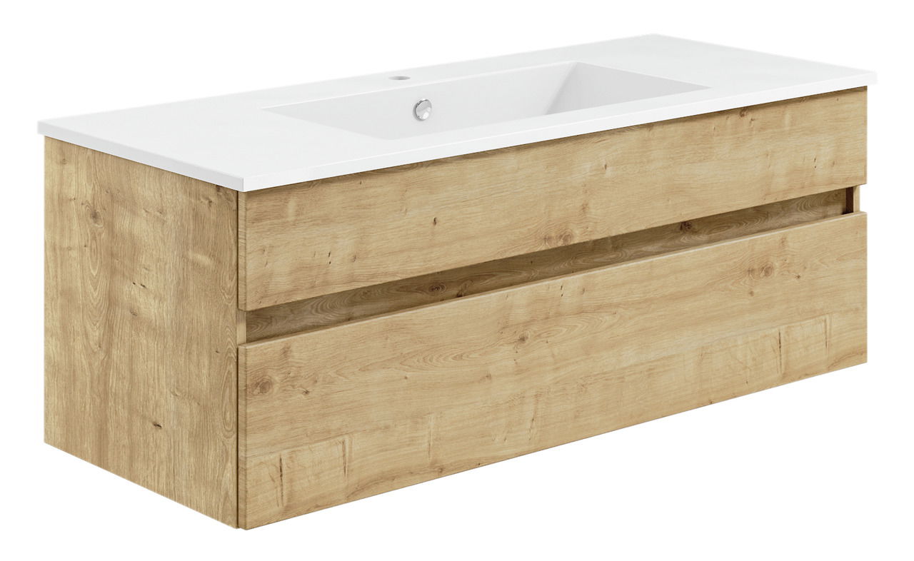 Waschtisch mit Holzoptik und zwei Schubladen, seitliche Perspektive