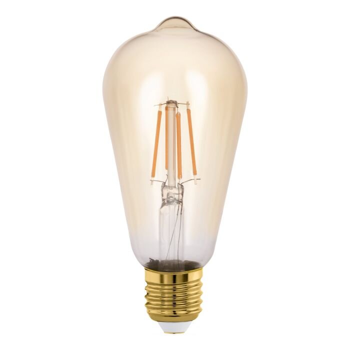 Vintage LED-Filament-Glühbirne mit amberfarbenem Glas und goldener Schraubfassung, frontale Ansicht