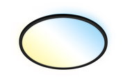 Runde LED-Deckenleuchte mit schwarzem Rahmen, die von unten betrachtet wird und warmes sowie kühles Licht ausstrahlt.