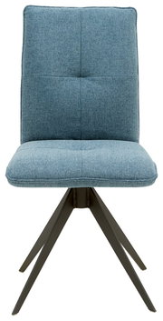 Moderner blauer Stuhl mit gepolsterter Sitzfläche und Rückenlehne, auf schwarzem Metallgestell, Frontalansicht.