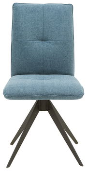 Moderner blauer Stuhl mit gepolsterter Sitzfläche und Rückenlehne, auf schwarzem Metallgestell, Frontalansicht.