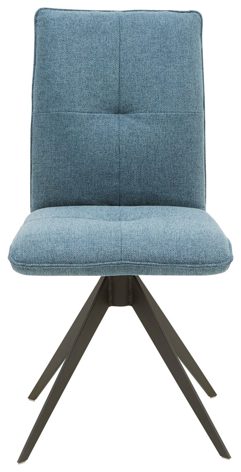 Moderner blauer Stuhl mit gepolsterter Sitzfläche und Rückenlehne, auf schwarzem Metallgestell, Frontalansicht.