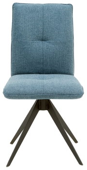 Moderner blauer Stuhl mit gepolsterter Sitzfläche und Rückenlehne, auf schwarzem Metallgestell, Frontalansicht.