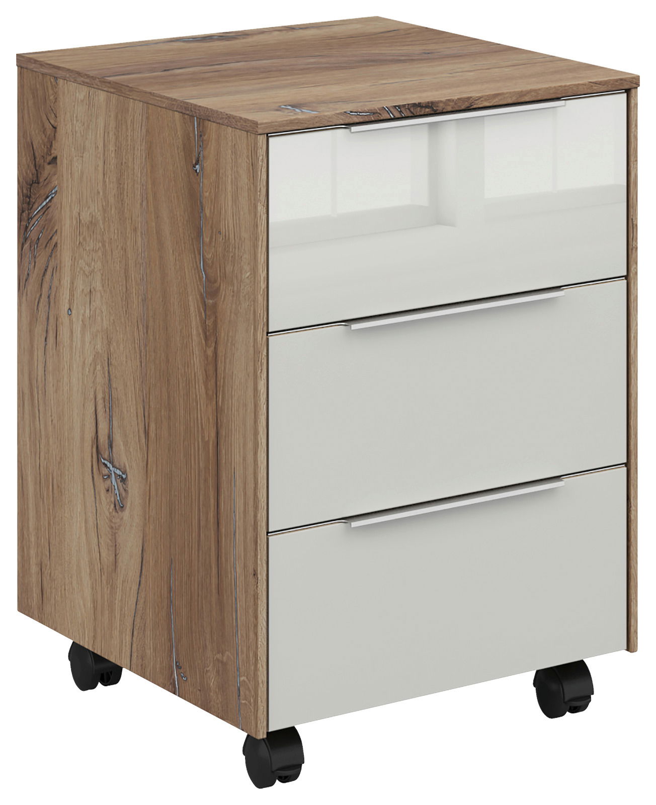 Voleo Rollcontainer NEVADA Rollcontainer Voleo NEVADA mit Holzoptik und weißen Schubladen, auf Rollen, seitliche Perspektive