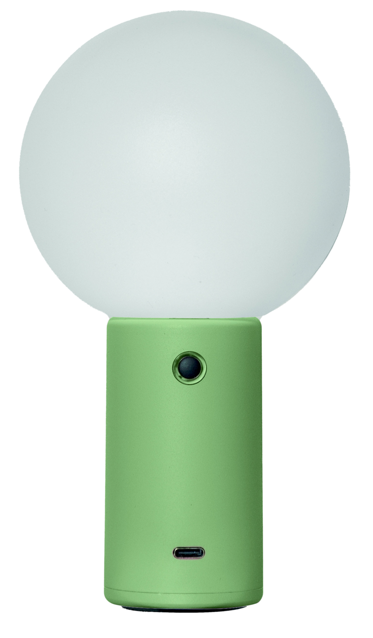 Grüne Akku-Tischleuchte mit kugelförmigem, weißem Lampenschirm, frontal betrachtet