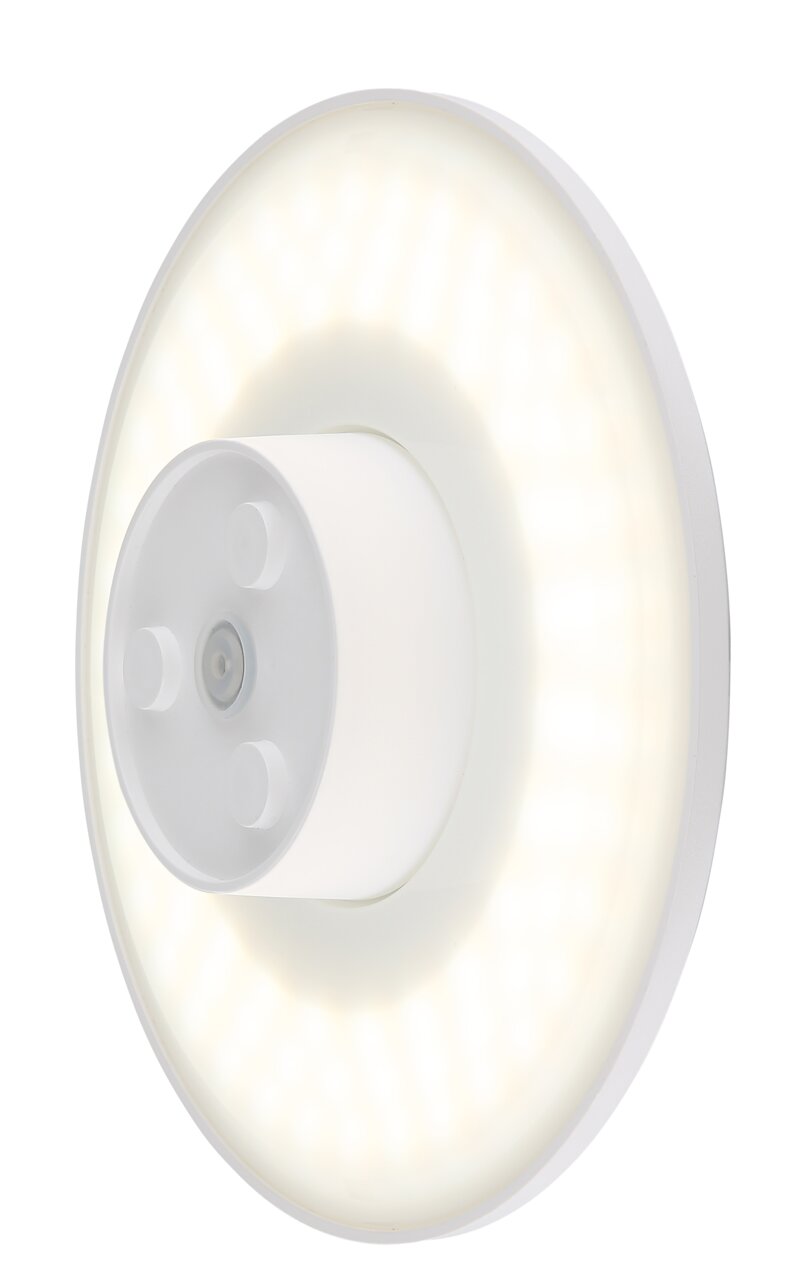Runde LED-Außenwandleuchte in seitlicher Perspektive mit leuchtendem Ring.