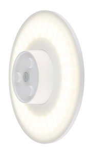 Ronde LED-buitenwandlamp in zijaanzicht met een verlichte ring.