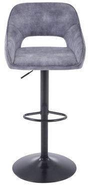 Moderner Barstuhl in grauem Stoff mit schwarzem Metallgestell, Frontalansicht