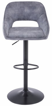 Moderner Barstuhl in grauem Stoff mit schwarzem Metallgestell, Frontalansicht