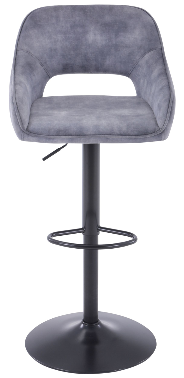 Moderner Barstuhl in grauem Stoff mit schwarzem Metallgestell, Frontalansicht