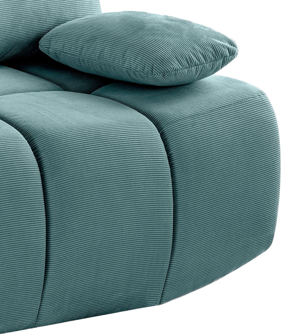 Nahaufnahme eines türkisfarbenen Schlafsofas mit geripptem Stoffbezug und einem Kissen, seitliche Perspektive.