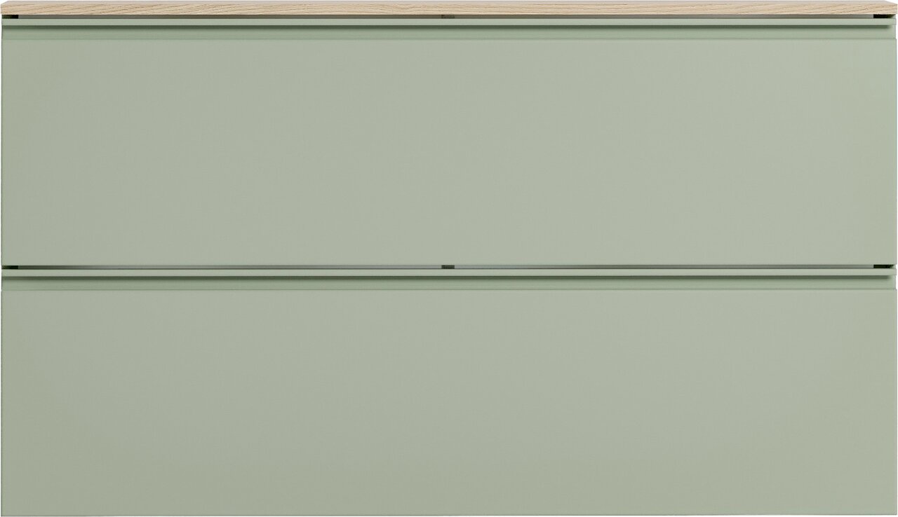 Frontansicht eines modernen, grünen Hängeschuhschranks mit zwei Schubladen und einer Holzoberfläche.