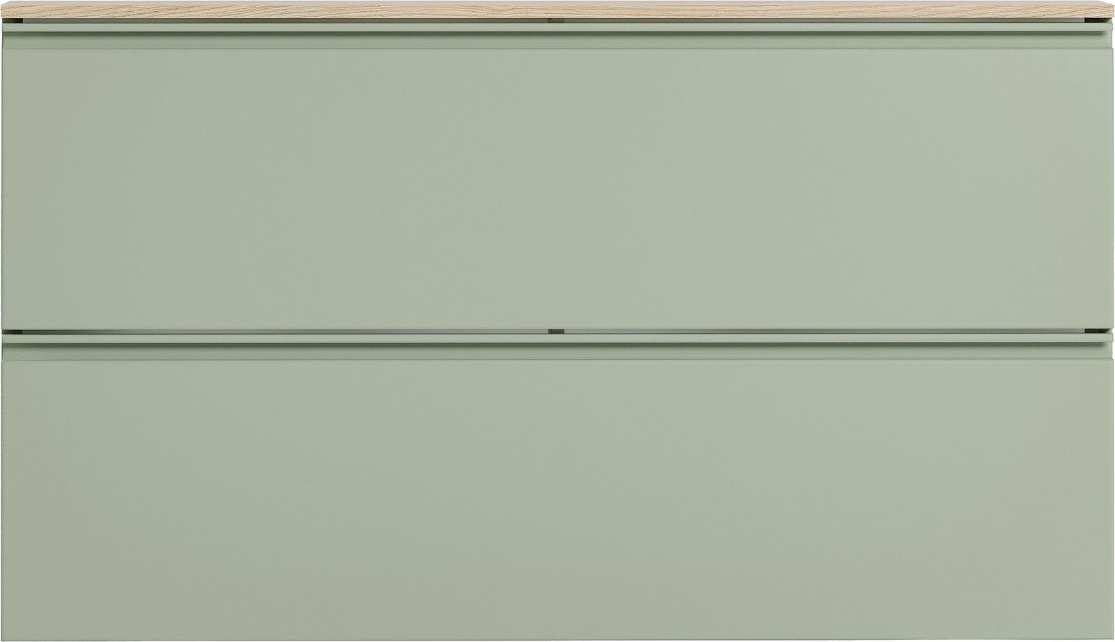 Frontansicht eines modernen, grünen Hängeschuhschranks mit zwei Schubladen und einer Holzoberfläche.