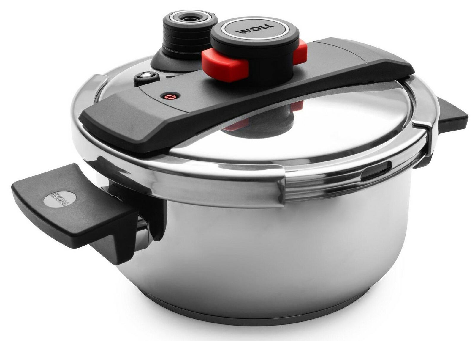 Schnellkochtopf aus Edelstahl mit schwarzem Griff und rotem Sicherheitsventil, seitliche Perspektive