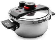 Schnellkochtopf aus Edelstahl mit schwarzem Griff und rotem Sicherheitsventil, seitliche Perspektive