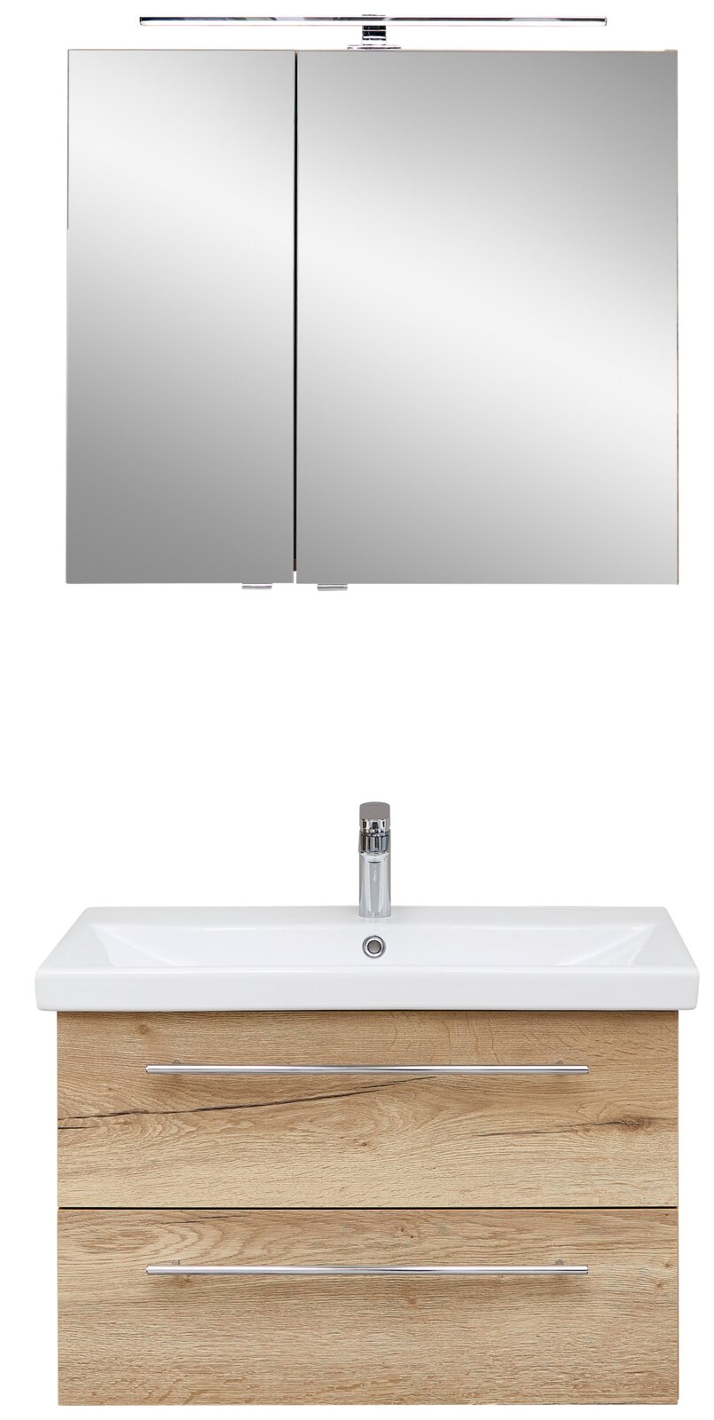Modernes Badmöbel-Set in Frontalansicht: Doppel-Spiegelschrank mit LED-Aufsatzleuchte, darunter Waschtisch mit weißem Waschbecken und Unterschrank in Holzoptik mit zwei Schubladen und Chromgriffen.