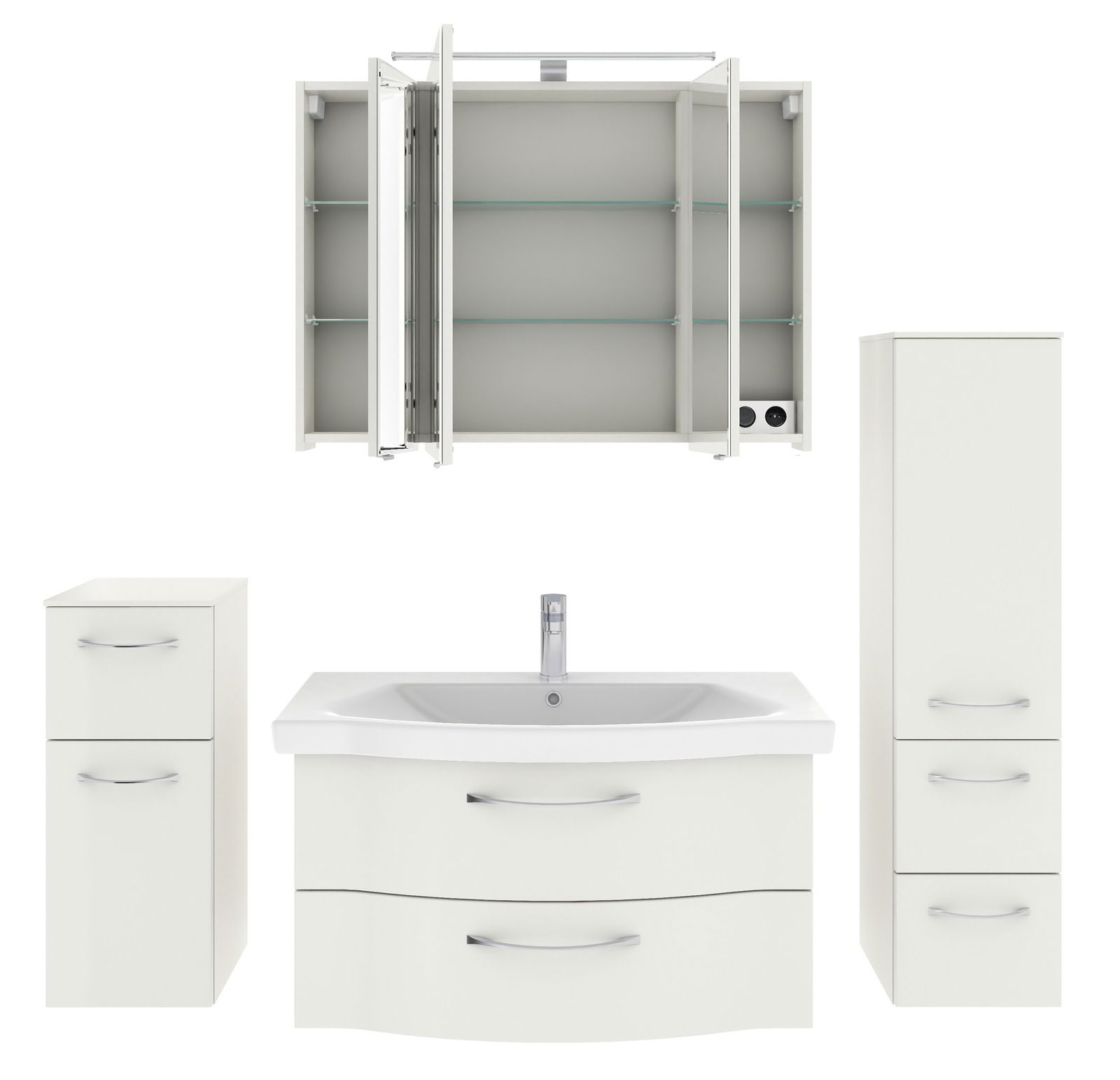 Badezimmermöbel-Set in Weiß, bestehend aus einem Spiegelschrank mit offenen Türen, einem Waschbeckenunterschrank mit zwei Schubladen, einem hohen Schrank mit drei Fächern und einem kleinen Schrank mit zwei Fächern, frontal betrachtet.