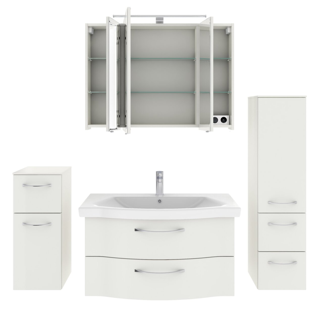 Badezimmermöbel-Set in Weiß, bestehend aus einem Spiegelschrank mit offenen Türen, einem Waschbeckenunterschrank mit zwei Schubladen, einem hohen Schrank mit drei Fächern und einem kleinen Schrank mit zwei Fächern, frontal betrachtet.