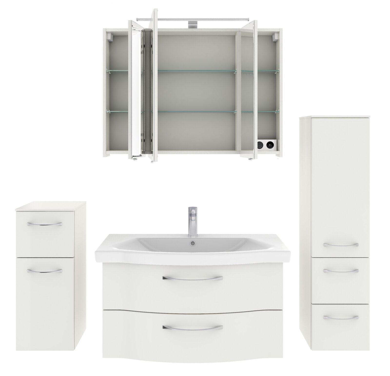 Badezimmermöbel-Set in Weiß, bestehend aus einem Spiegelschrank mit offenen Türen, einem Waschbeckenunterschrank mit zwei Schubladen, einem hohen Schrank mit drei Fächern und einem kleinen Schrank mit zwei Fächern, frontal betrachtet.