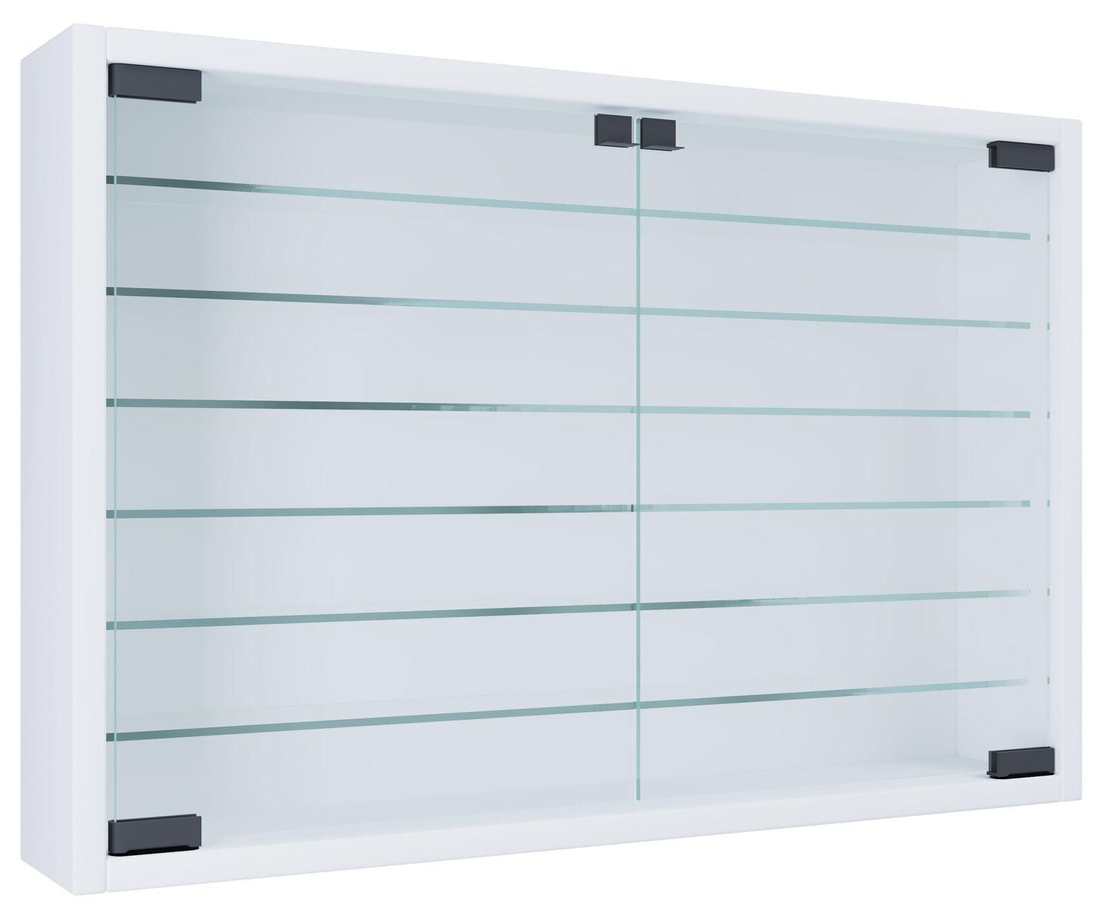 Weißer Badezimmerschrank mit zwei Glas-Schiebetüren und schwarzen Beschlägen, Frontansicht leicht schräg von rechts