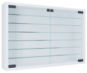 Weißer Badezimmerschrank mit zwei Glas-Schiebetüren und schwarzen Beschlägen, Frontansicht leicht schräg von rechts