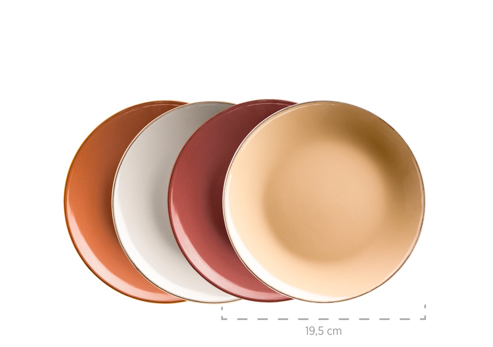 Vier runde Keramikteller in warmen Farben (Orange, Weiß, Rot, Beige) mit schmalem Rand, überlappend aus der Draufsicht auf weißem Hintergrund, Durchmesser ca. 19,5 cm