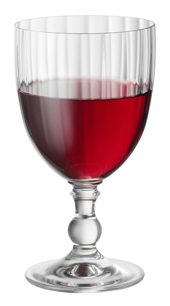 Weinkelch aus klarem Glas mit rotem Wein gefüllt, seitliche Perspektive