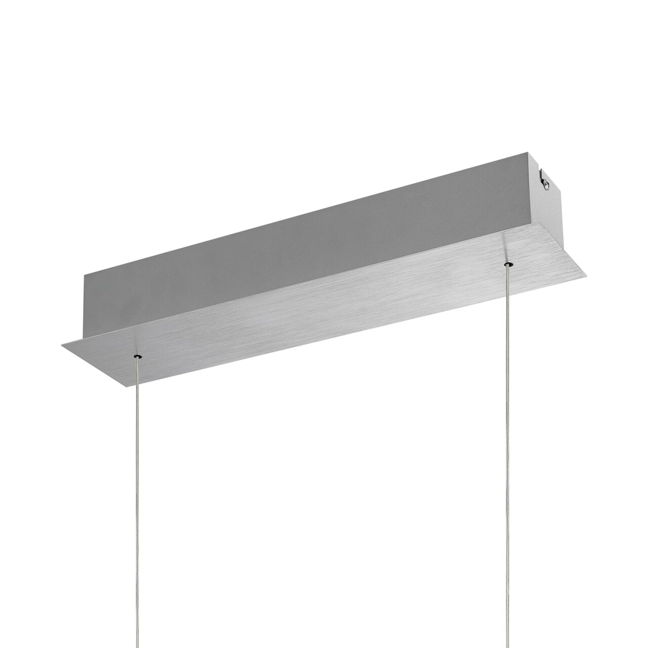 Rechthoekige, zilverkleurige plafondbeugel van geborsteld metaal voor een hanglamp met twee ophangkabels, schuin van onderaf in perspectief op een witte achtergrond