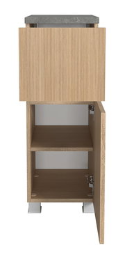Unterschrank aus Holz mit geöffneter Tür und Schublade, Frontansicht