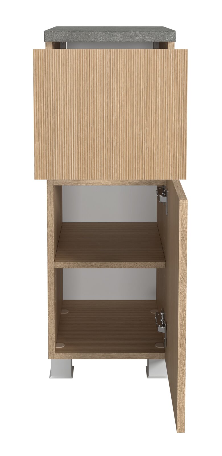 Unterschrank aus Holz mit geöffneter Tür und Schublade, Frontansicht