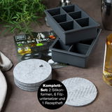 Perspektive von oben auf ein Set mit zwei schwarzen Silikon-Eiswürfelformen, sechs grauen Filzuntersetzern und einem Rezeptheft.