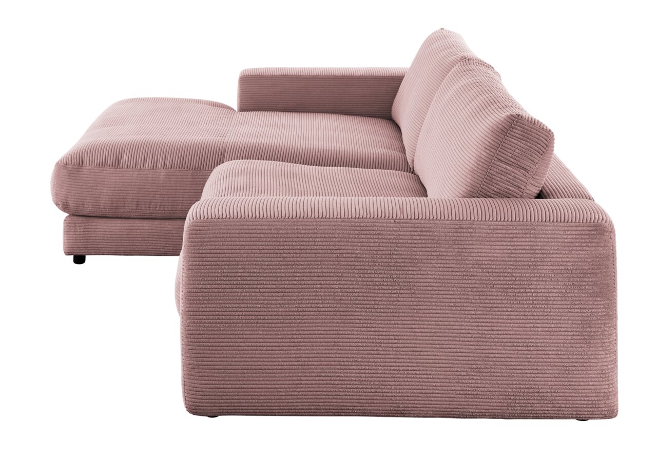 Zijaanzicht van een roze ligstoelcombinatie met geribbelde stoffen bekleding.