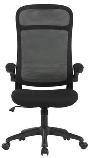 Schwarzer Drehstuhl mit Netzrückenlehne und Armlehnen, Vorderansicht