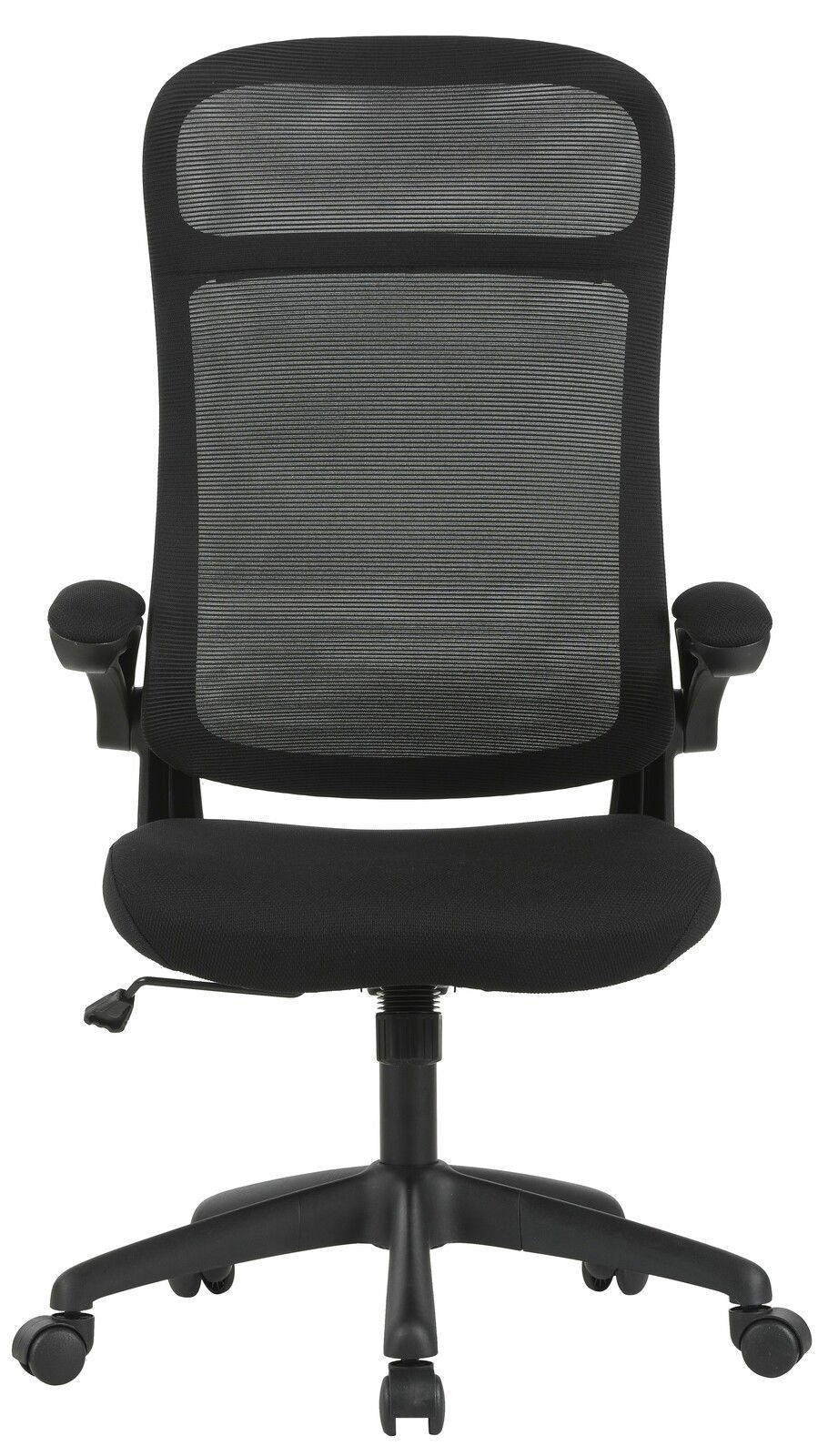 Schwarzer Drehstuhl mit Netzrückenlehne und Armlehnen, Vorderansicht