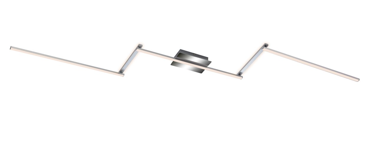 Moderne LED Deckenleuchte in Aluminium und Chrom, von unten betrachtet, mit drei schwenkbaren Armen.