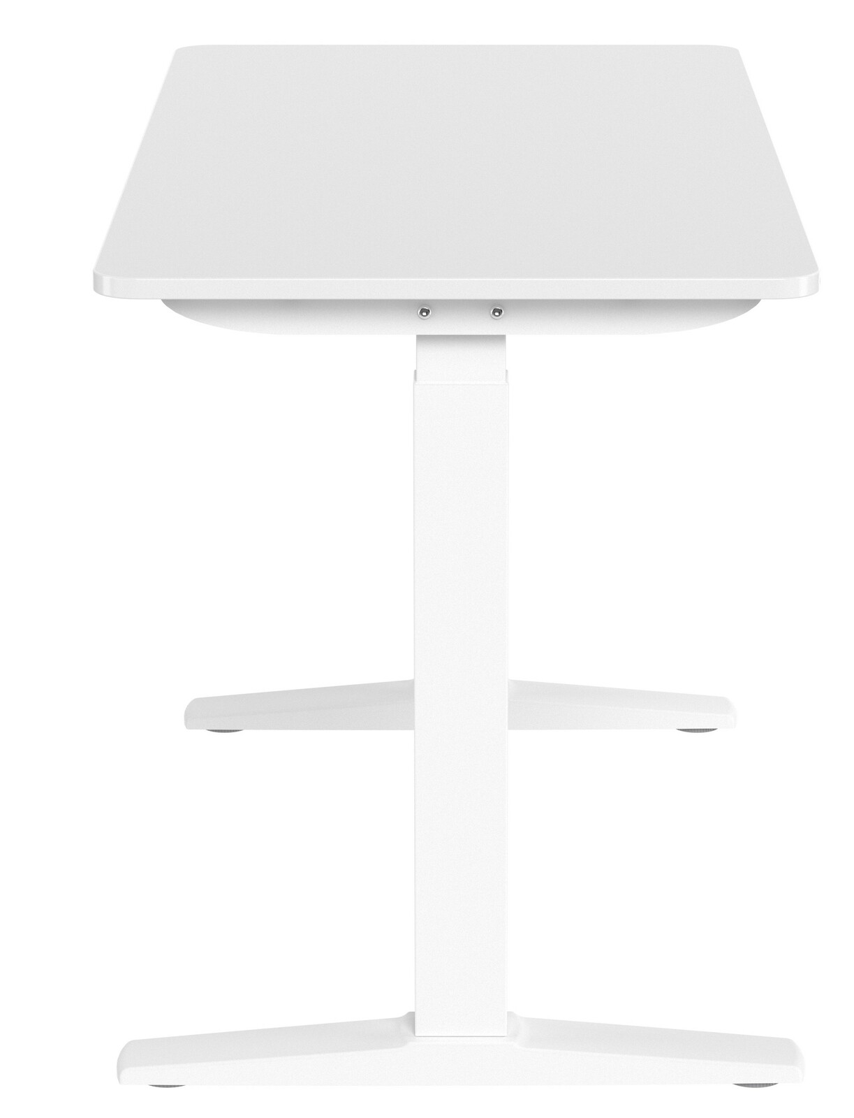 Weißer E-Schreibtisch aus der Frontalansicht mit T-förmigem Gestell.