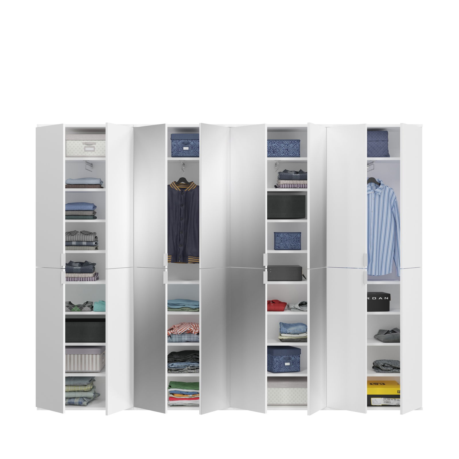 Garderobenkombination mit mehreren offenen Schränken, gefüllt mit Kleidung und Accessoires, aus frontaler Perspektive.