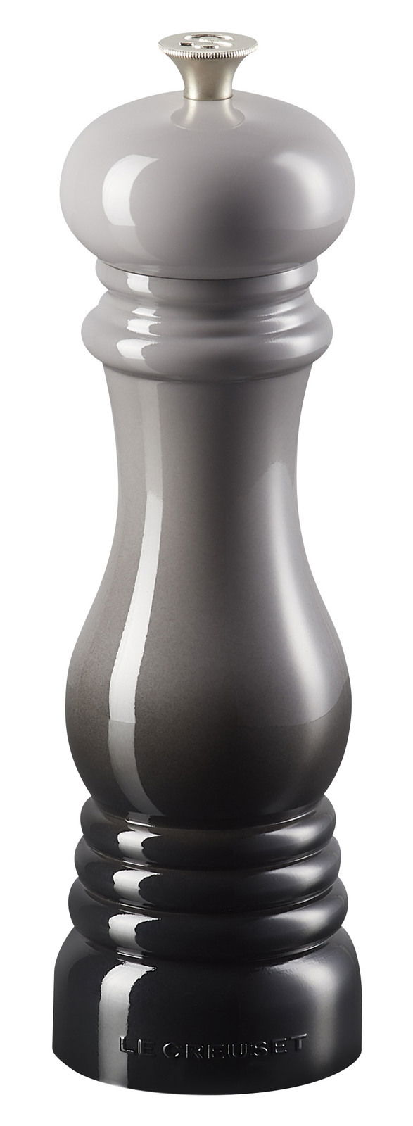 Graue Salzmühle aus Keramik in klassischem Design, seitliche Ansicht