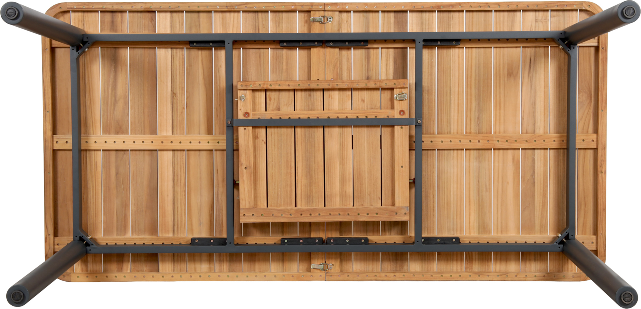 Unterseite eines Gartenausziehtisches aus Holz mit Metallrahmen, von unten betrachtet.