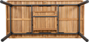 Unterseite eines Gartenausziehtisches aus Holz mit Metallrahmen, von unten betrachtet.