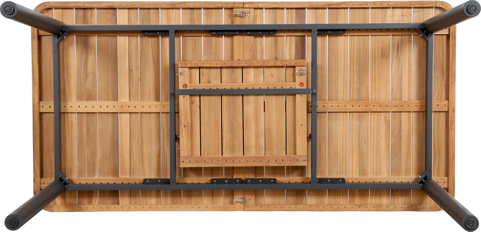 Unterseite eines Gartenausziehtisches aus Holz mit Metallrahmen, von unten betrachtet.