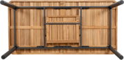 Unterseite eines Gartenausziehtisches aus Holz mit Metallrahmen, von unten betrachtet.