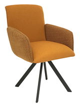 Moderner Sessel in Orange mit schwarzen Metallbeinen, seitliche Perspektive