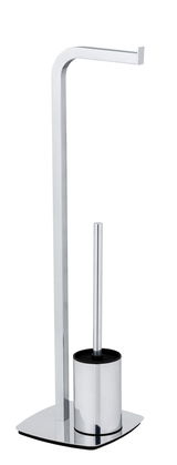 Stand WC-Garnitur Acate in Chrom, seitliche Perspektive, bestehend aus Toilettenbürstenhalter und Papierrollenhalter.