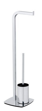Stand WC-Garnitur Acate in Chrom, seitliche Perspektive, bestehend aus Toilettenbürstenhalter und Papierrollenhalter.