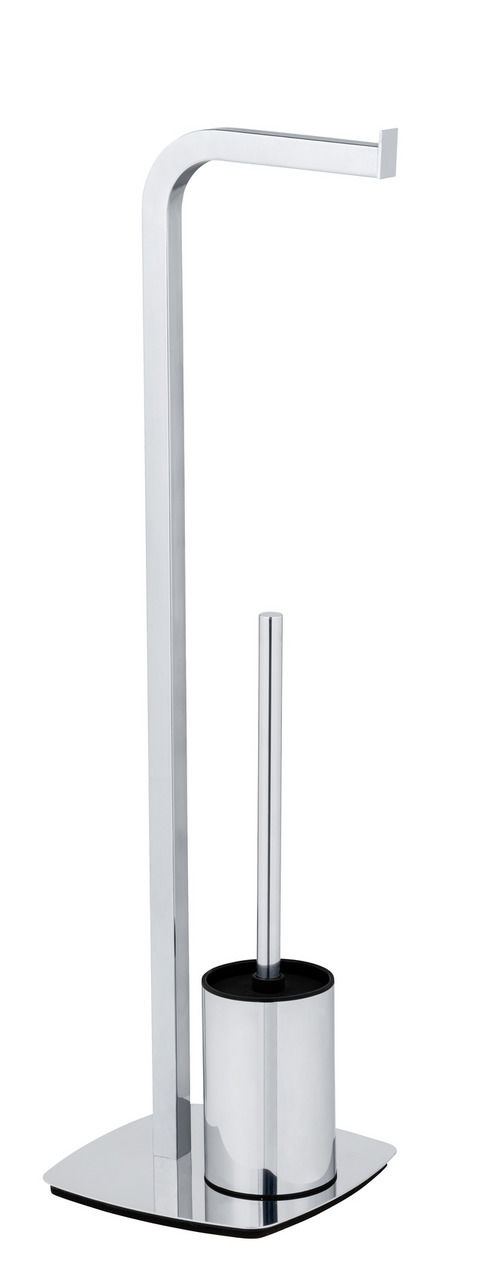 Stand WC-Garnitur Acate in Chrom, seitliche Perspektive, bestehend aus Toilettenbürstenhalter und Papierrollenhalter.