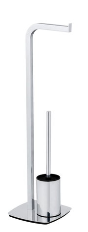 Stand WC-Garnitur Acate in Chrom, seitliche Perspektive, bestehend aus Toilettenbürstenhalter und Papierrollenhalter.