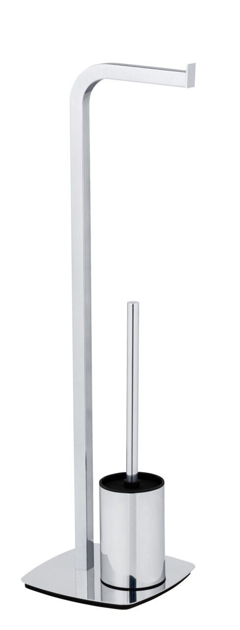 Stand WC-Garnitur Acate in Chrom, seitliche Perspektive, bestehend aus Toilettenbürstenhalter und Papierrollenhalter.